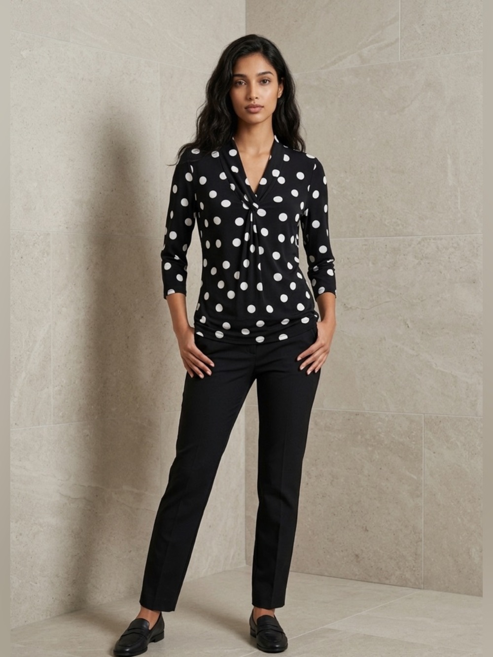 EUC Faith & Zoe  Black White Polka Dot Faux Wrap
Tunic Top 2X Plus Size